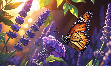 KELEBEK PARLAYAN GÜNEŞ IŞIĞI ALTINDA LAVANTA ÇİÇEĞİNİN ÜZERİNDE DİNLENİYOR 07 ÇERÇEVESİZ 50X30 CM PVC TABLO