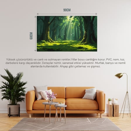 DOĞA VE MANZARA YATAY AĞAÇLAR GÜNEŞ IŞIKLARI DERİN ORMAN YEMYEŞİL YOSUN KAPLI ZEMİN UÇAN KUŞLAR 03 ÇERÇEVESİZ 90X60CM PVC TABLO