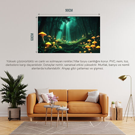 DOĞA VE MANZARA YATAY PARLAYAN MANTARLAR VE BÜYÜLÜ IŞIK HUZMELERİ MİSTİK ORMAN 04 ÇERÇEVESİZ 90X60CM PVC TABLO