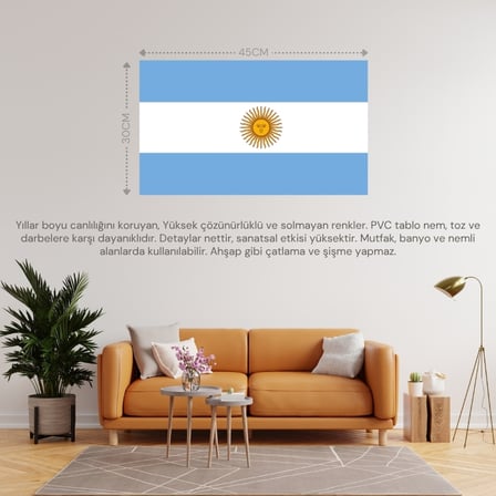 ARJANTİN ÜLKE BAYRAĞI 45x30CM DUVAR TABLOSU ÇERÇEVESİZ PVC TABLO