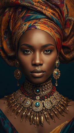 Afro Kraliçe Serisi 05 – Majestic Gele & Afrofütürizm Portresi (Canlı Renkler ve Regal Duruş)