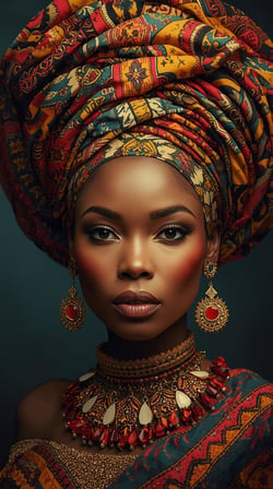 Afro Kraliçe Serisi 10 – Majestic Gele & Afrofütürizm Portresi (Canlı Renkler ve Regal Duruş)