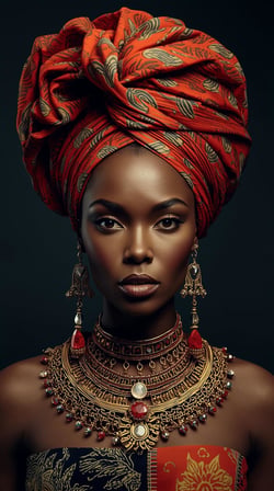 Afro Kraliçe Serisi 15 – Majestic Gele & Afrofütürizm Portresi (Canlı Renkler ve Regal Duruş)