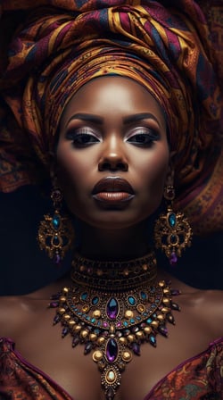 Afro Kraliçe Serisi 16 – Majestic Gele & Afrofütürizm Portresi (Canlı Renkler ve Regal Duruş)