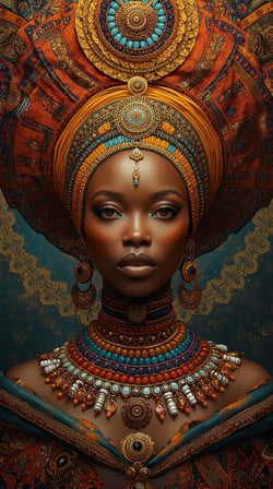 Afro Kraliçe Serisi 17 – Majestic Gele & Afrofütürizm Portresi (Canlı Renkler ve Regal Duruş)