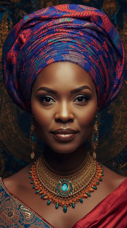 Afro Kraliçe Serisi 19 – Majestic Gele & Afrofütürizm Portresi (Canlı Renkler ve Regal Duruş)