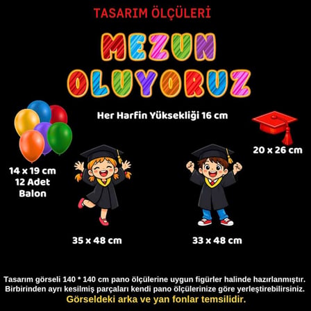 Mezuniyet Temalı Renkli Okul Panosu Figür Seti | Hazır Kesim Sınıf Süsü