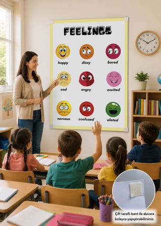 İngilizce Duygular Temalı 50X70CM tek parça bristrol karton sınıf panosu