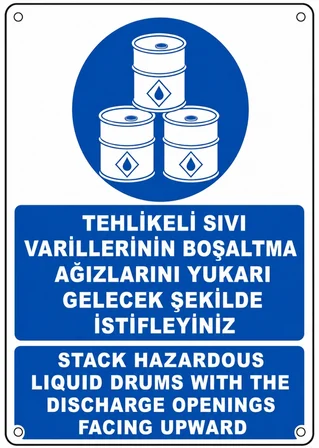 TEHLİKELİ SIVI VARİLLERİNİN BOŞALTMA AĞIZLARINI YUKARI GELECEK ŞEKİLDE İSTİFLEYİNİZ 35X50CM PVC ISG LEVHA
