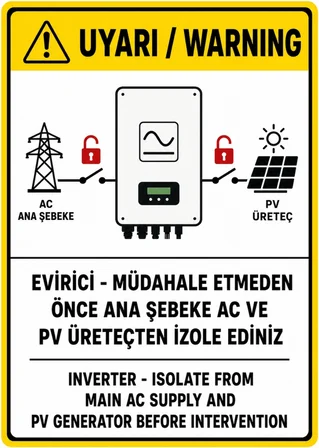UYARI EVİRİCİ MÜDAHALE ETMEDEN ÖNCE ANA ŞEBEKE AC VE PV ÜRETEÇTEN İZOLE EDİNİZ 35X50CM PVC ISG LEVHA