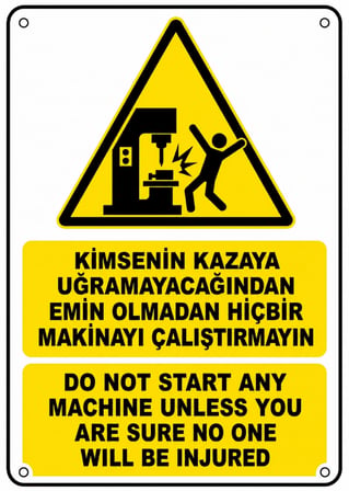 KİMSENİN KAZAYA UĞRAMAYACAĞINDAN EMİN OLMADAN HİÇ BİR MAKİNAYI ÇALIŞTIRMAYIN 21X30CM PVC ISG LEVHA