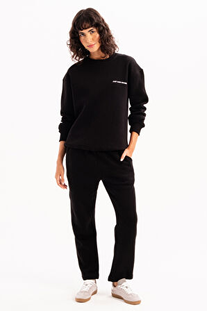 JUSTEVER Bisiklet Yaka Nakışlı Şardonlu İçi Polarlı Gri Kadın Sweatshirt - Rigil