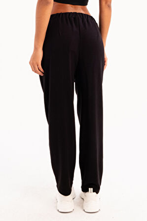 JUSTEVER Oversize Fit Beli Lastikli Cepli Rahat Kesim Siyah Kadın Eşofman Altı Pantolon - Flex