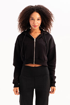 JUSTEVER Crop Kapüşonlu Fermuarlı Kanguru Cepli Şardonlu Hoodie Siyah Kadın Sweatshirt - Lumen