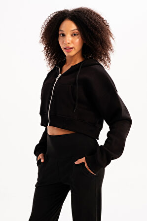 JUSTEVER Crop Kapüşonlu Fermuarlı Kanguru Cepli Şardonlu Hoodie Siyah Kadın Sweatshirt - Lumen