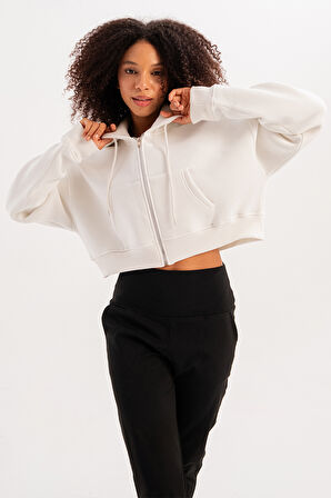 JUSTEVER Crop Kapüşonlu Fermuarlı Kanguru Cepli Şardonlu Hoodie Siyah Kadın Sweatshirt - Lumen