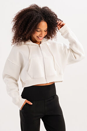 JUSTEVER Crop Kapüşonlu Fermuarlı Kanguru Cepli Şardonlu Hoodie Siyah Kadın Sweatshirt - Lumen