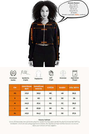 JUSTEVER Crop Kapüşonlu Fermuarlı Kanguru Cepli Şardonlu Hoodie Siyah Kadın Sweatshirt - Lumen