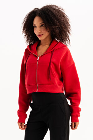 JUSTEVER Crop Kapüşonlu Fermuarlı Kanguru Cepli Şardonlu Hoodie Siyah Kadın Sweatshirt - Lumen