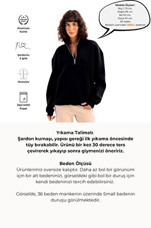 JUSTEVER Oversize Fit Dik Yaka Yarı Fermuarlı Şardonlu Siyah Kadın Sweatshirt - Cass