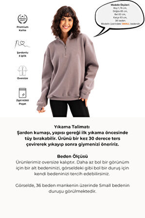 JUSTEVER Oversize Fit Dik Yaka Yarı Fermuarlı Şardonlu Siyah Kadın Sweatshirt - Cass