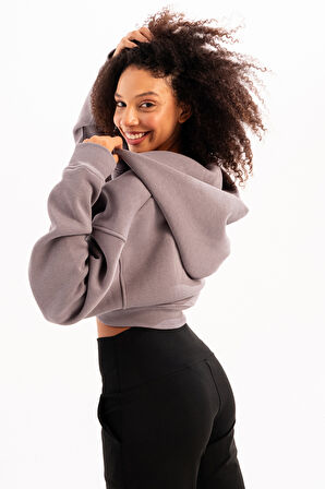 JUSTEVER Crop Kapüşonlu Fermuarlı Kanguru Cepli Şardonlu Hoodie Siyah Kadın Sweatshirt - Lumen