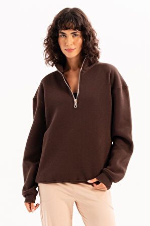 JUSTEVER Oversize Fit Dik Yaka Yarı Fermuarlı Şardonlu Siyah Kadın Sweatshirt - Cass