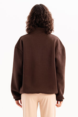 JUSTEVER Oversize Fit Dik Yaka Yarı Fermuarlı Şardonlu Siyah Kadın Sweatshirt - Cass