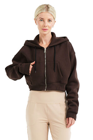JUSTEVER Crop Kapüşonlu Fermuarlı Kanguru Cepli Şardonlu Hoodie Siyah Kadın Sweatshirt - Lumen
