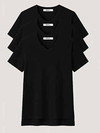 Kadın 3'lü Basic Regular Fit V Yaka Arkası Uzun Tişört Seti