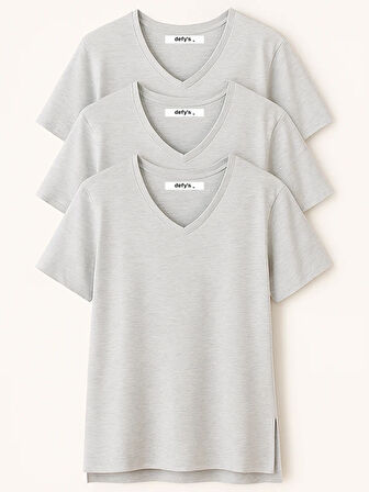 Kadın 3'lü Basic Regular Fit V Yaka Arkası Uzun Tişört Seti