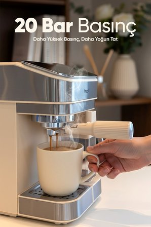 Fressi Espresso Latte Cappuccino Kahve Makinesi Otomatik Süt Tanklı 20bar Basınçlı Lavante Krem (450