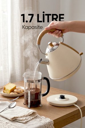 KREM FR-KT07 Mavera 1,7L Ahşap Kulp Detaylı Krem Kettle Su Isıtıcısı