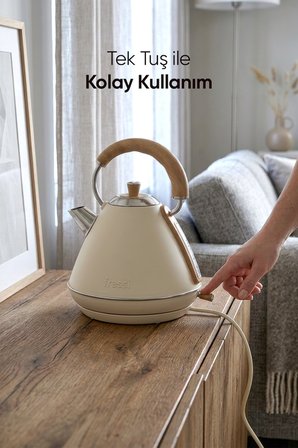 KREM FR-KT07 Mavera 1,7L Ahşap Kulp Detaylı Krem Kettle Su Isıtıcısı