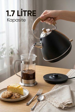 SİYAH FR-KT07 Mavera 1,7L Ahşap Kulp Detaylı Siyah Kettle Su Isıtıcısı