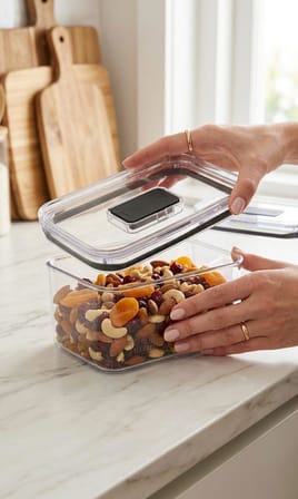 Softchef Click'n Fresh Hava Geçirmez Dikdörtgen Plastik Erzak Kabı 1500 ml - Vakumlu Tek Tuş Kapaklı Şeffaf Plastik Bakliyat, Un ve Şeker Saklama Kabı, BPA İçermez (10,5x16x12,5cm)