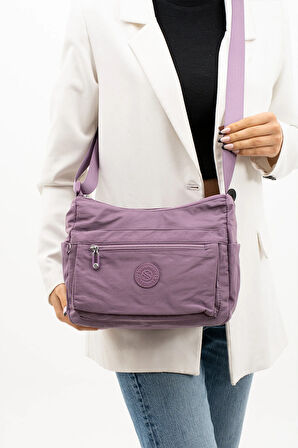 Kadın Çok Gözlü Suya Dayanıklı Paraşüt Kumaş Ayarlanabilir Çapraz Askılı Mor Omuz Çantası