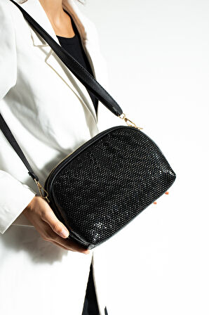 Kadın Çapraz Askılı 3 Gözlü Çift Metal Fermuarlı Gold Aksesuar Siyah Damla Omuz Çantası