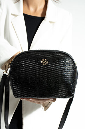 Kadın Çapraz Askılı 3 Gözlü Çift Metal Fermuarlı Gold Aksesuar Siyah Damla Omuz Çantası