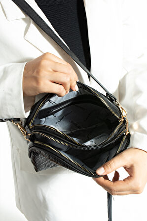 Kadın Çapraz Askılı 3 Gözlü Çift Metal Fermuarlı Gold Aksesuar Siyah Damla Omuz Çantası