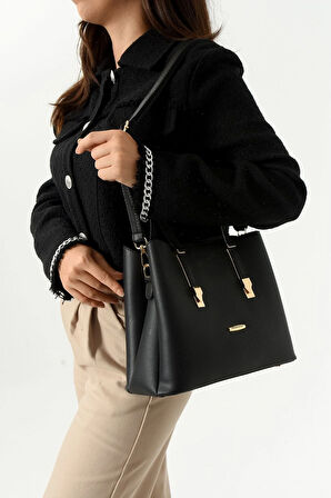 Kadın Uzun Askılı 4 Bölmeli Sade Şık Siyah Renkli Omuz Ve El Çantası