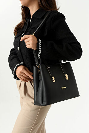 Kadın Uzun Askılı 4 Bölmeli Sade Şık Siyah Renkli Omuz Ve El Çantası