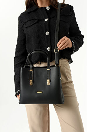 Kadın Uzun Askılı 4 Bölmeli Sade Şık Siyah Renkli Omuz Ve El Çantası