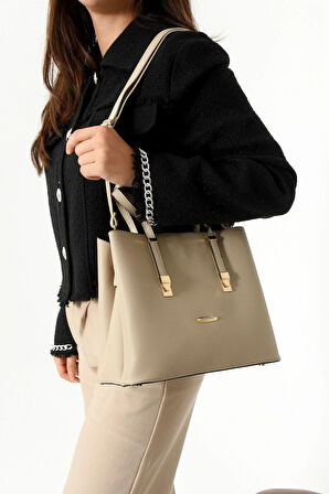 Kadın Uzun Askılı 4 Bölmeli Gold Aksesuarlı Sade Şık Kum Rengi Omuz Ve El Çantası