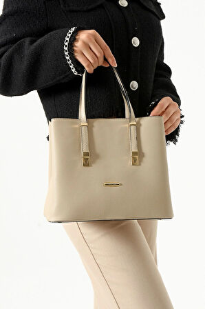 Kadın Uzun Askılı 4 Bölmeli Gold Aksesuarlı Sade Şık Kum Rengi Omuz Ve El Çantası