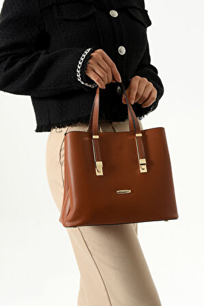 Kadın Uzun Askılı 4 Bölmeli Gold Aksesuarlı Sade Şık Taba Rengi Omuz Ve El Çantası