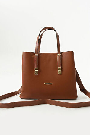 Kadın Uzun Askılı 4 Bölmeli Gold Aksesuarlı Sade Şık Taba Rengi Omuz Ve El Çantası