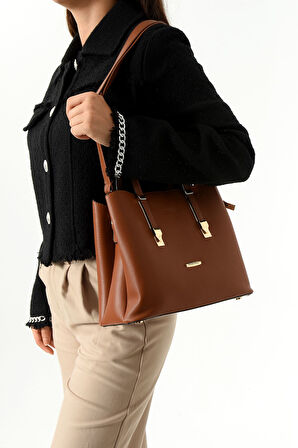 Kadın Uzun Askılı 4 Bölmeli Gold Aksesuarlı Sade Şık Taba Rengi Omuz Ve El Çantası