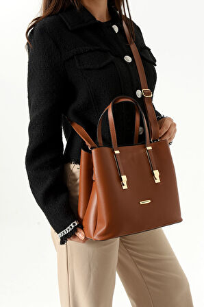 Kadın Uzun Askılı 4 Bölmeli Gold Aksesuarlı Sade Şık Taba Rengi Omuz Ve El Çantası