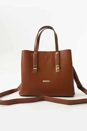 Kadın Uzun Askılı 4 Bölmeli Gold Aksesuarlı Sade Şık Taba Rengi Omuz Ve El Çantası